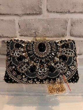 Black Beaded Crystal Evening Clutch Like New